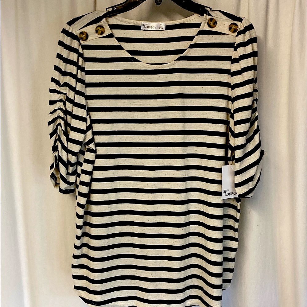 89th Madison Ruched Sleeve Top Blouse Navy Large NWT